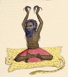 Cultura, civilização e sociedade indiana: Retrato de um faquir (faquir) com unhas compridas, Índia.