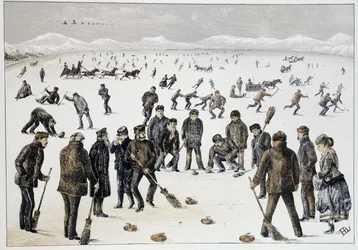 Curling em um lago congelado perto de Halifax, Nova Escócia - em "Sketches of canadian sports and pastimes" por Lieut. Henry Buckton Laurence