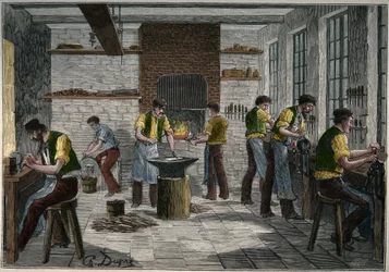Oficina de cutelaria em França, no século XIX. Gravura a partir de 1885 em "Les arts et metiers illustres" de Adolphe BITARD.