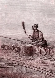 Cortar as pequenas peças de bambu, fabrico de papel na China (século III a.C.) (gravura)