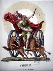 Cybele, divindade personificando o poder reprodutivo da Natureza - em "Dizionario mitologico", gravura do século XIX depois de uma pintura de Tintoretto, Bibl. di Brera, Milão.
