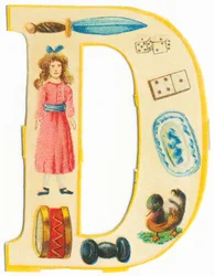 D: punhal, boneca, dados, dominó, tambor, prato, haltere, pato (cor lito)