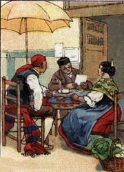 Vida quotidiana em Espanha: um casal analfabeto dirige-se a um escritor público, início do século XX (cromo)