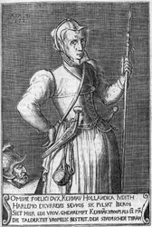 Dama Kenau Simonsdochter Hasselaer (1526-1588), a heroína de Haarlem (Holanda) durante a luta contra os espanhóis em 1572. Representação do século XVII que a compara a Judite e Holofernes.