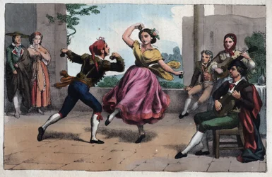 Dança do bolero e trajes de Granada - gravura de «Usi e Costumi di Tutti i Popoli dell