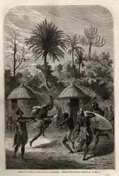 Dança dos Landines ou Zulu caffres em Shoupanga (margem direita do rio Zambeze). Gravura para ilustrar as primeiras viagens do Dr. Livingstone à África Austral de 1840 a 1856, no "Le tour du monde, nouveau journal des voyages" publicado sob o título "Le to