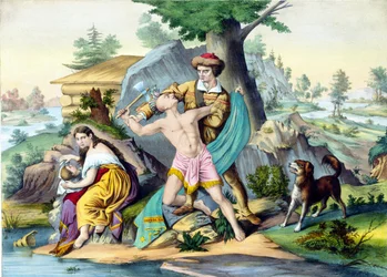 Daniel Boone protege a sua família: Daniel Bonne, pioneiro americano (1734 - 1820) a matar um índio que ataca a sua família com um machado. Gravura do século XIX.