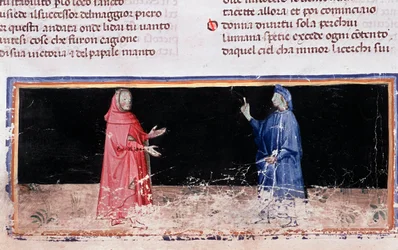 Dante (de azul) e Virgil (canção 3 do Inferno, na Divina Comédia) (Miniatura