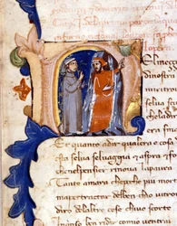 Dante e Virgil na entrada do Inferno. (lettrina "N") Incipit of Hell of a Divina Commedia (Divina Comédia) do século XIV Milão, biblioteca trivulziana. (Nel mezzo del cammin di nostra vita...)