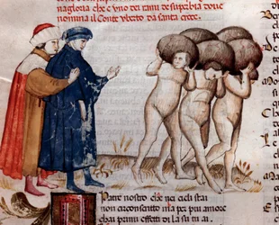 Dante e Virgil olhando para a contagem e Umberto Aldobrandeschi Oderisi da Gubbio (canção 11 do Purgatório, na Divina Comédia) - miniatura do século XV