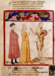 Dante e Virgílio encontram a alma de um pecador condenado a ser devorado por um dragão. Página iluminada ilustrando uma canção do Inferno desenha da "Divina Commedia" de Dante Alighieri (1265-1321). Século XIV, Veneza, Biblioteca Marciana