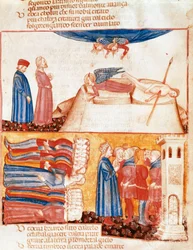 Dante e Virgil encontram as almas de pessoas violentamente mortas. Página iluminada ilustrando uma canção do Antipurgatório da "Divina Commedia" de Dante Alighieri (1265-1321). Século XIV, Veneza, Biblioteca Marciana