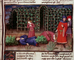 Morte Duas pessoas mortas pela morte. Miniatura de "Le Decameron" de Jean Boccace (Giovanni Boccaccio) (1313-1375) 1450 Paris, biblioteca do Arsenal