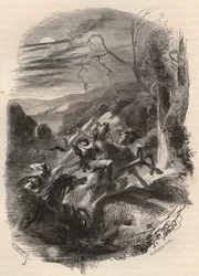 Morte de Indutiomaro (Indutiomarus), chefe dos tréveros, morto pelo exército romano em 53 a.C. Gravura de 1868 em «Histoire de Belgique des temps primitifs jusqu