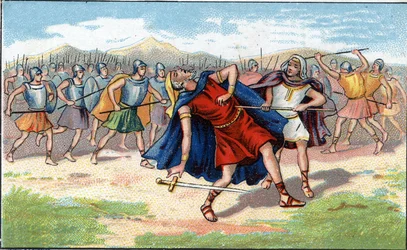 Morte de Judas Macchabee (Maccabee ou Macabee) ou Yeouda Hamakabi guerreiro judeu (200-160 a.C.).cromolitografia do século XIX