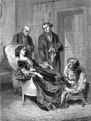 Dezenas da menina Hannah Greener aos quinze anos, após uma das primeiras anestesias com clorofórmio em 28/01/1848. Gravura a partir de 1869.