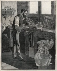 Decoração de talheres de prata: cinzelador de bronze. Gravura de 1885 em "Les arts et metiers illustres" de Adolphe BITARD.