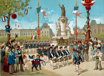 Desfile das crianças dos batalhões escolares na Place de la République em 14/07/1883, em Paris. Litografia do século XIX, Paris, Musée Carnavalet