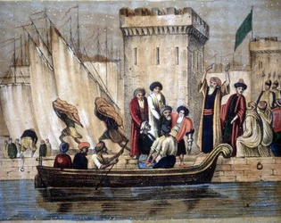 Partida dos mouros de Argel após a colonização francesa. Um homem idoso ou doente é colocado num barco. Século XIX