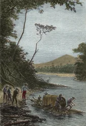 Descida da Amazônia (1743-1744) - O início da jangada por Charles Marie de La Condamine (1701-1774) gravura -