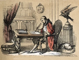 Descrição de diferentes produtos e usos do papel: retrato de Georges Louis Leclerc, Conde de Buffon, naturalista e escritor (1707-1788) escrevendo sua História Natural. Placa "Le papier et ses produits" em "les Recreations instructives" Synoptique pai