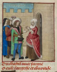 Detalhe de uma miniatura de Convoitise (Cobiça) e Largesse (Generosidade) a entrar no castelo, de 