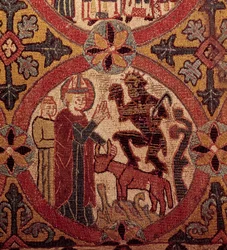 Pormenor de um bordado representando a tentação de São Martinho. Tapeçaria islandesa. 1390-1403. Paris, Museu Nacional da Idade Média, Termas de Cluny