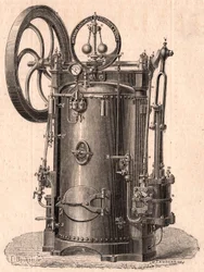 Vista técnica detalhada de um pequeno motor a vapor produzido em Paris em 1866: caldeira, cilindro, pistão, biela e volante