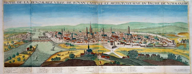 Vista detalhada da cidade de Rouen na Normandia. Gravura do século XVII. Paris B.N.