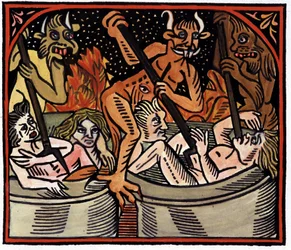 Diabos cozinhando homens em caldeirões no inferno