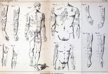 Diferentes tipos de tatuagens de criminosos: quadro ilustrado em "O homem criminoso" (L