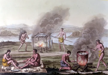 Cena de jantar e cozinha entre os índios da Flórida. Gravura do século XVII.