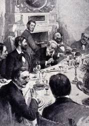 Jantar à mesa por Victor Hugo com Jean Mounet Sully (Mounet-Sully) (1841 - 1916), ator francês. Gravura do século XIX.