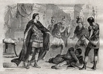 Diocleciano (Caius Aurelius Valerius Diocletianus Augustus) (244-311) morrendo Lucius Flavius Aer - gravado em "Dictionnaire populaire illustrious" - 1864 - por Joseph December e Edmond Allonier -