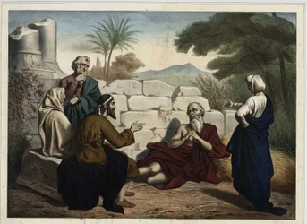 Discussão entre Job e seus amigos sobre os infortúnios de Job: Deus testa a crença religiosa de Jó que prova sua fidelidade a Deus, explicando suas desventuras como castigo por seus pecados. Gravura anônima de meados do século XIX.