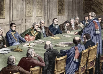 Discussão do Código Civil no Conselho de Estado (1800-1804), sob a presidência do primeiro cônsul, Napoleão Bonaparte tem à sua esquerda Jean Jacques Regis de Cambaceres. Gravura do século XIX.