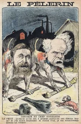Disputas entre os socialistas Jean Jaures (1859-1914) (esquerda) e Henri Rochefort (1831-1913) (direita). Ilustração em "Le Pelerin" de 19 de junho de 1898.