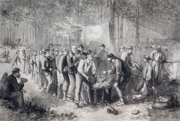 Distribuição de rações à unidade militar norte-americana, Estados Unidos da América, Guerra Civil Americana, gravura