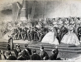 Distribuição de prémios aos laureados da Exposição Mundial - O Imperador recebe do seu filho, o Príncipe Imperial, o Grande Prémio das suas casas de operários e das suas quintas modelo