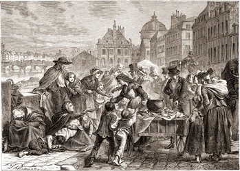 Distribuição de alimentos a camponeses famintos por volta de 1820 - em "L