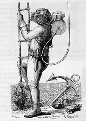 Mergulhador revestido com roupa de borracha e tanque regulador - em "As maravilhas da ciência", de Louis Figuier