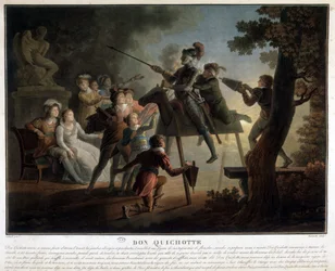 Dom Quixote e Sancho em um cavalo de madeira.