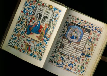 Página dupla de um manuscrito (livro) aberto: a descendência do Espírito Santo. Miniatura depois do Breviário de Maria de Borgonha