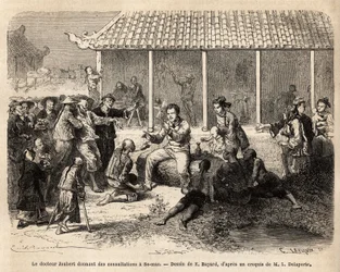 Dr. Joubert dando consultas em Se-Mao (Se Mao) (China), depois de curar um soldado gravemente ferido, toda a população da cidade invade o pátio do alojamento da equipe de exploração na esperança de receber tratamento, a maioria deles sofrendo de