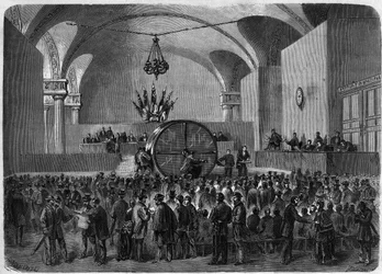 Sorteio de lotes de obrigações a reembolsar pertencentes aos dois empréstimos contraídos pela cidade de Paris em 1855 e 1866. Hotel de Ville de Paris, 2 de Fevereiro