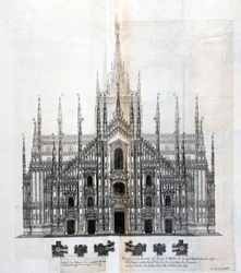 Desenho da fachada do Duomo de Milão mostrando a sua uniformidade com o corpo do edifício. Muitos projetos arquitetônicos foram projetados por volta do século XVII para completar a fachada que havia ficado inacabada.