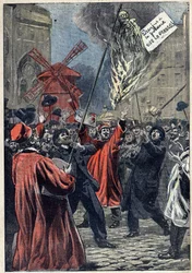 Caso Dreyfus - Paris - 1898: manisfestação de antisemitas em Montmartre. Uma efígie de Martin Dreyfus, o irmão de Alfred, é um brulee na praça, com um sinal pendurado no pescoço: "Dreyfus tem a forca". Longa vida à França!" Ilustração em "Le Pelerin" de J