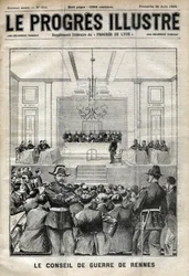 O caso Dreyfus. O julgamento de Rennes. Alfred Dreyfus perante o Conselho de Guerra (1899). Capa do "Le progresses de Lyon" de 20 de agosto de 1899