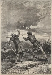 Duelo e morte de Oak Torquil - ilustração do século XIX para o romance histórico "The Pretty Girl of Perth" ou Dia dos Namorados (Dia de São Valentim; ou, The Fair Maid of Perth) de Walter Scott (1771-1832)