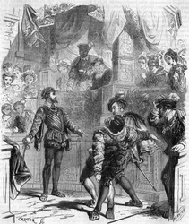 Duelo com a espada de François de La Chataigneraie contra Guy de Jarnac; Jarnac feriu fatalmente o seu adversário cortando-lhe a haste; em 1547, gravura do século XIX.